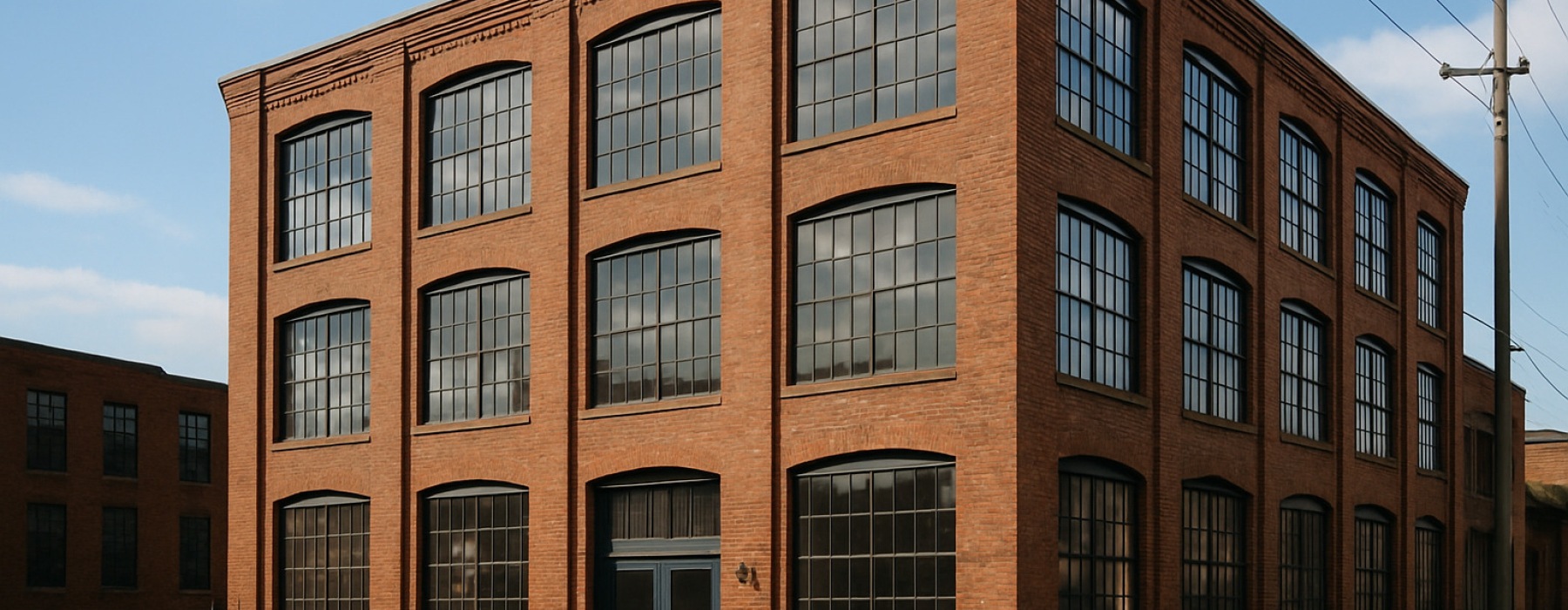 exterior of a classic warehouse loft building with large factory windows and exposed brick - warehouse loft style apartments