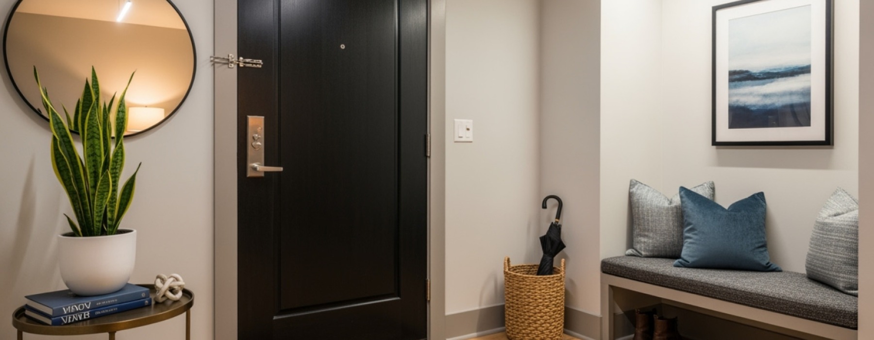 A stylish apartment entryway with a welcome mat in Minneapolis, symbolizing Minneapolis living, lease deals, apartment hunting, and finding a home. - Minneapolis lease specials