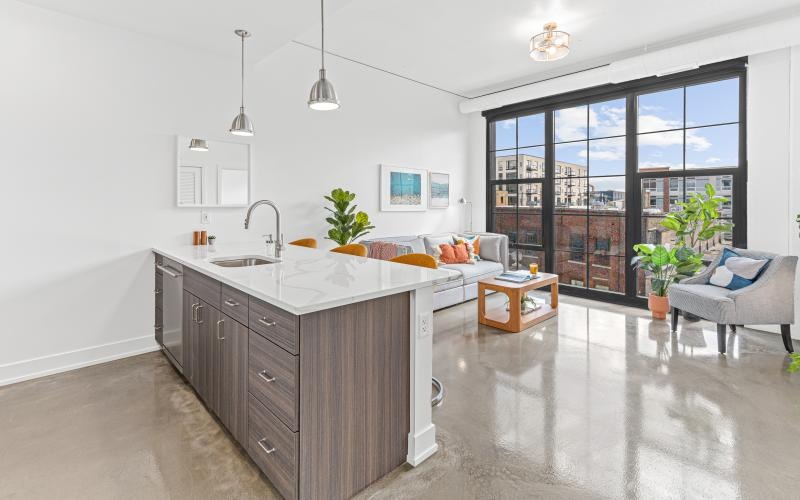 a kitchen with a large window